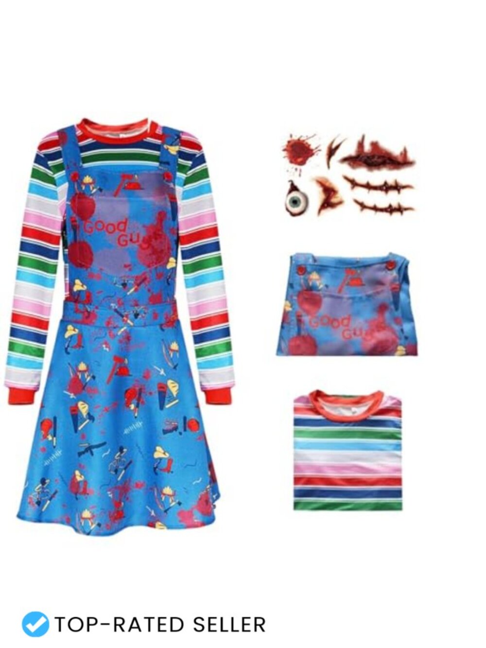3 Piece Killer Doll Cosplay Costume Rainbow Stripe Shirt Blue Jumpsuit Set